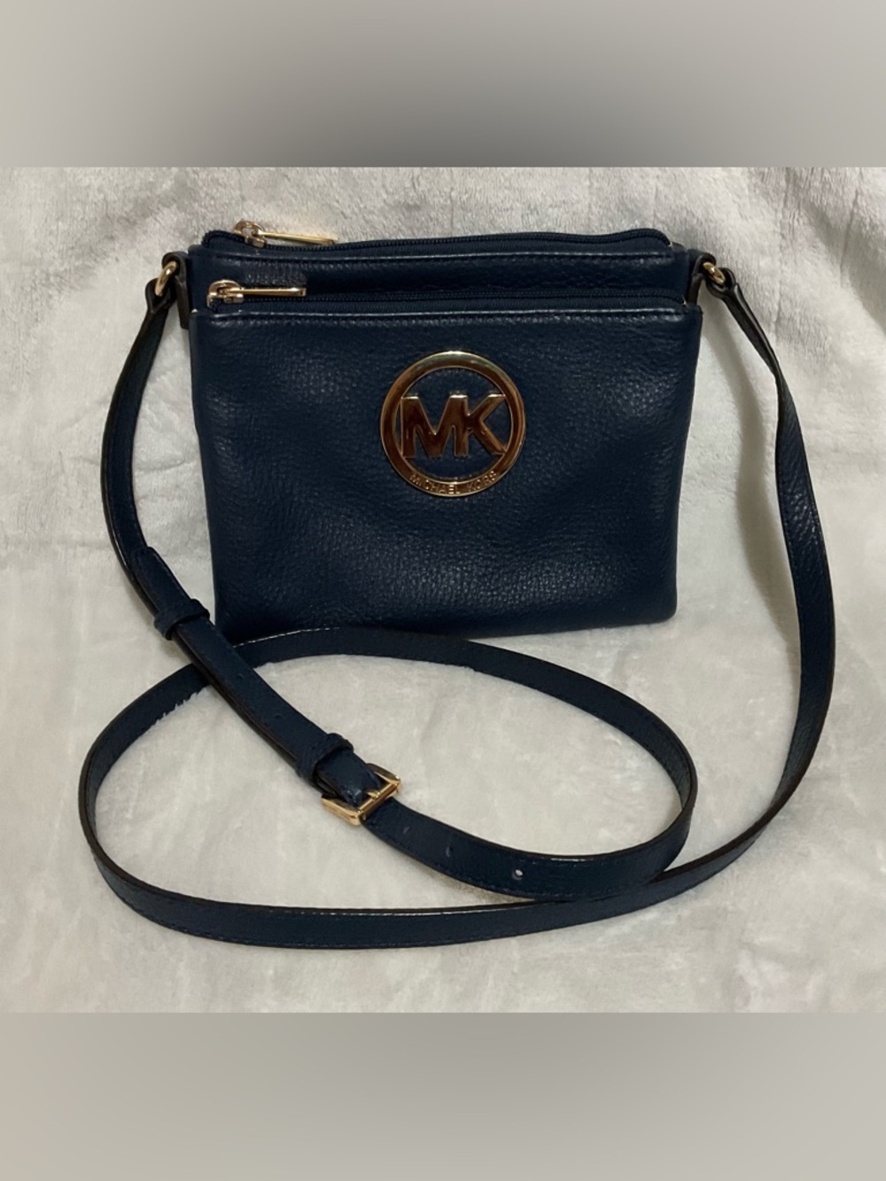 Michael Kors Navy Leather Crossbody with Gold MK Logo